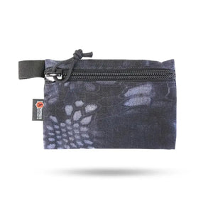 Medium flat zippered pouch with camouflage pattern and Recycled Firefighter tag.