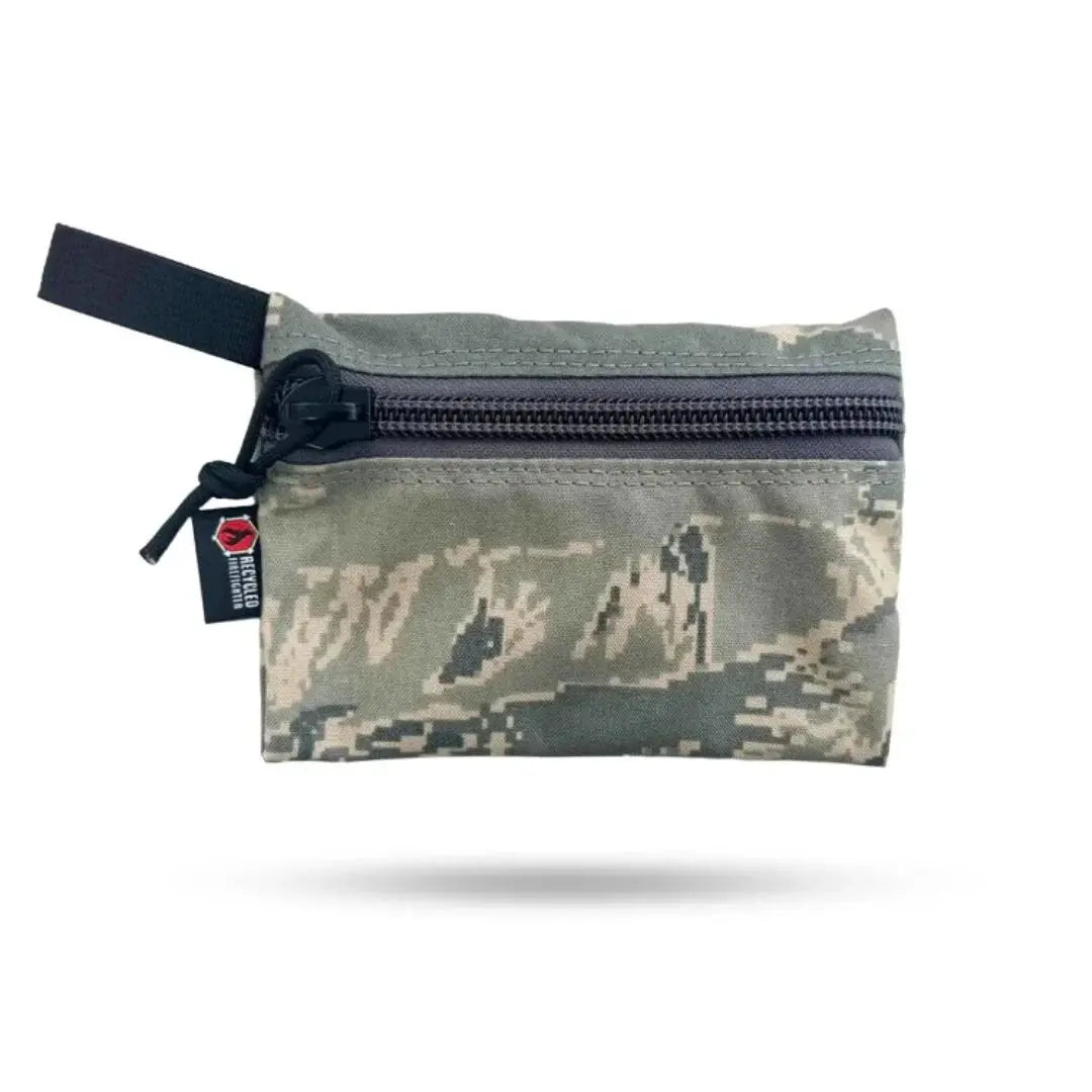 Small zippered pouch with camouflage pattern and 'Recycled Firefighter' label