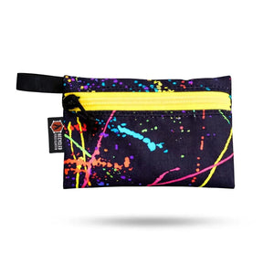 Small black zippered pouch with colorful paint splatters and yellow zipper.