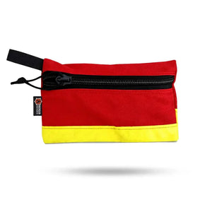 Red and yellow zippered pouch with black zipper and loop.