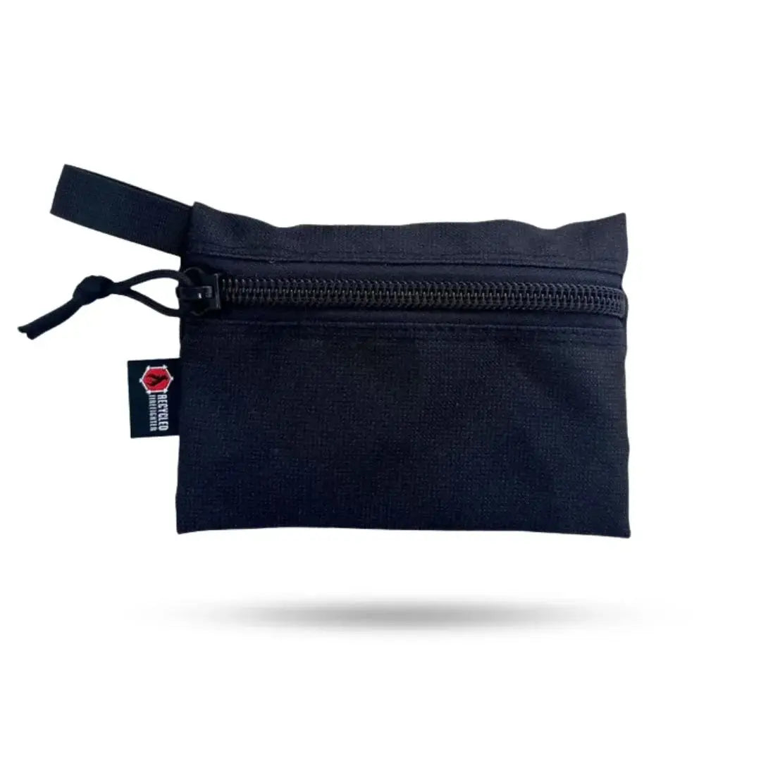 Black zippered gear pouch with a red and black logo tag.
