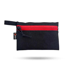 Black zippered gear pouch with red zipper and recycled material tag.