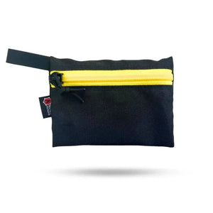 Black medium gear pouch with yellow zipper and black wrist strap.