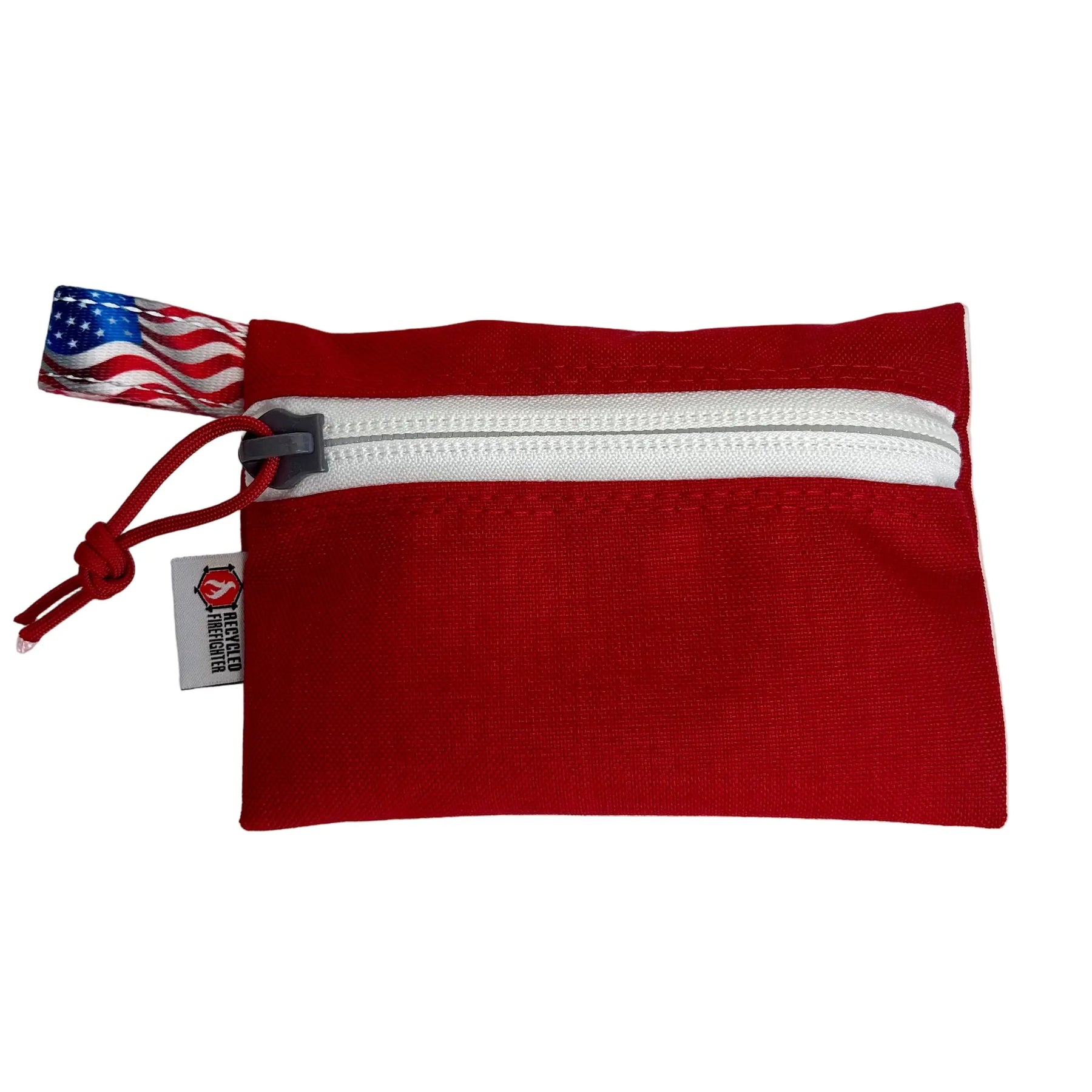 Red zippered pouch with American flag tab and recycled firefighter logo.