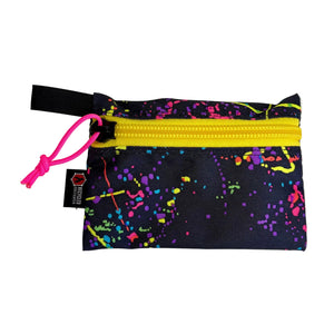 Black zippered pouch with neon splatter pattern and yellow zipper