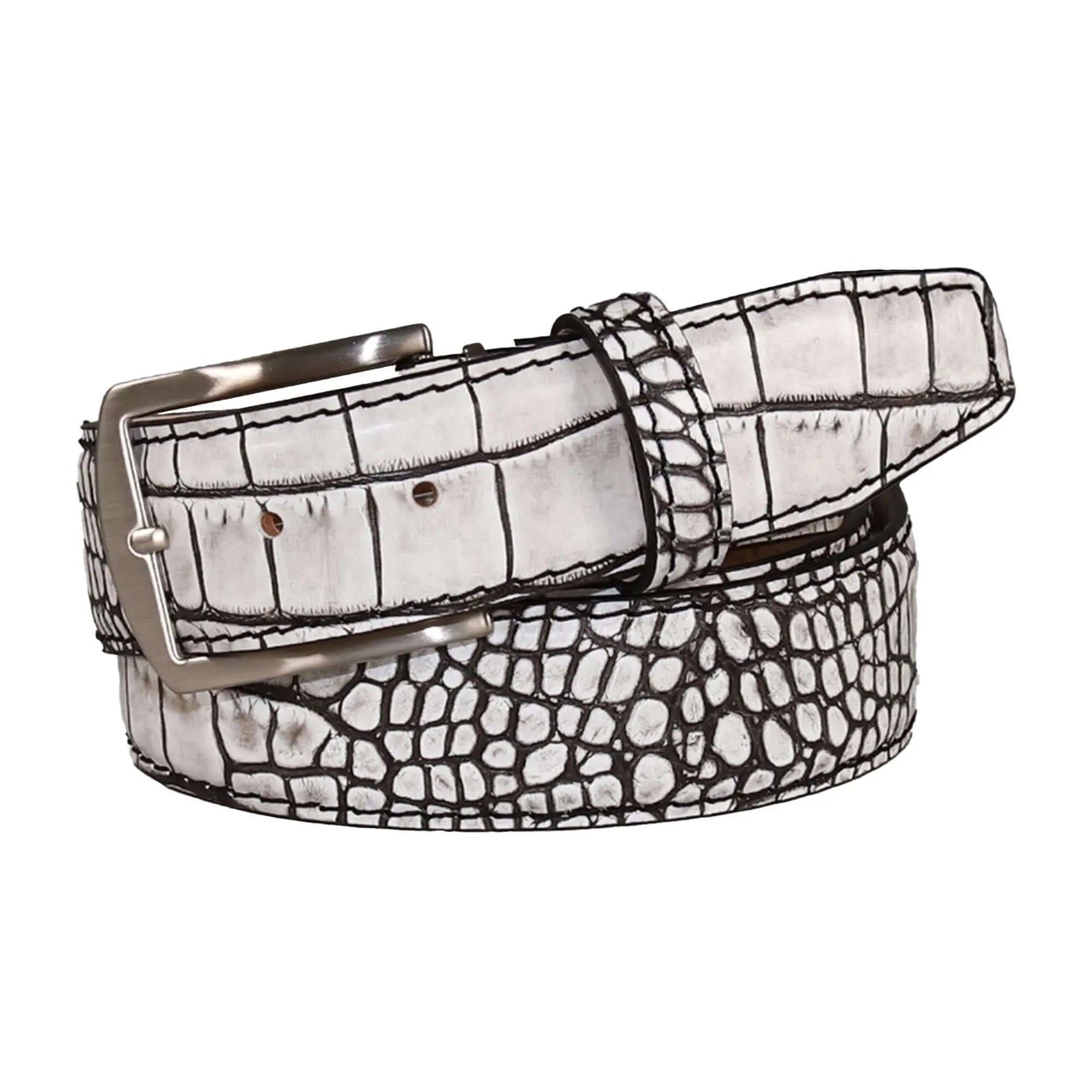 Black and white mock croc leather belt with custom stitching