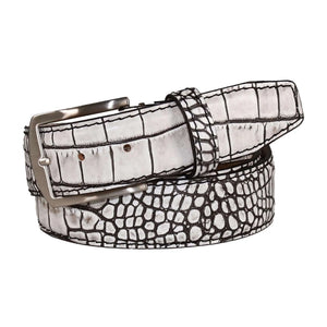 Black and white mock croc leather belt with custom stitching