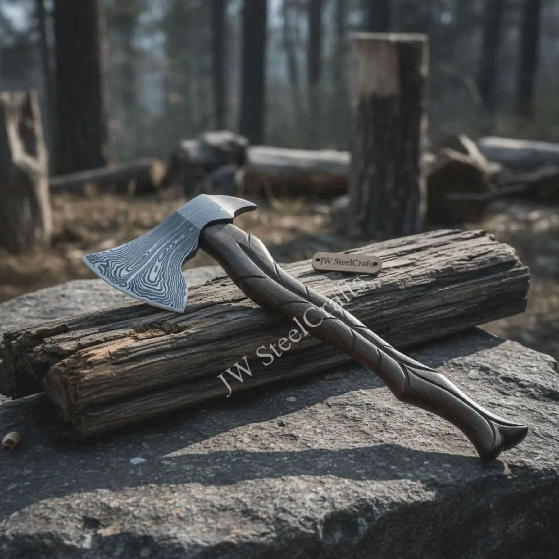 Damascus steel axe head with wood handle on rustic wood surface
