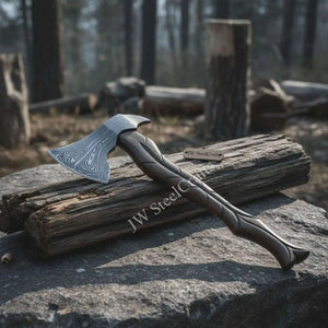 Damascus steel axe head with wood handle on rustic wood surface