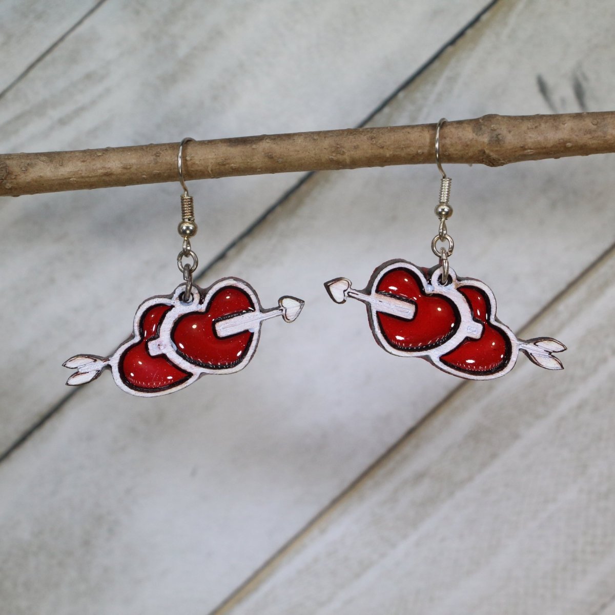 Two Hearts Arrow Wooden Dangle Earrings | Romantic Jewelry