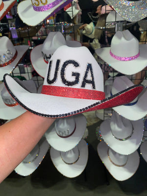 White UGA cowboy hat with red and black rhinestone embellishments.