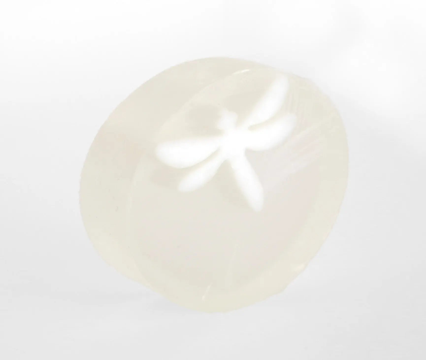 Translucent bar soap with a white dragonfly embedded inside.