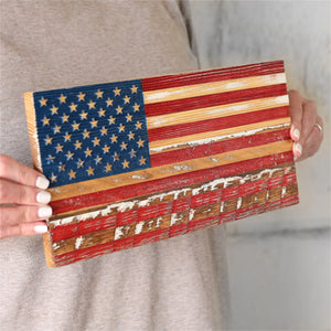 Rustic wooden American flag with distressed red, white, and blue colors