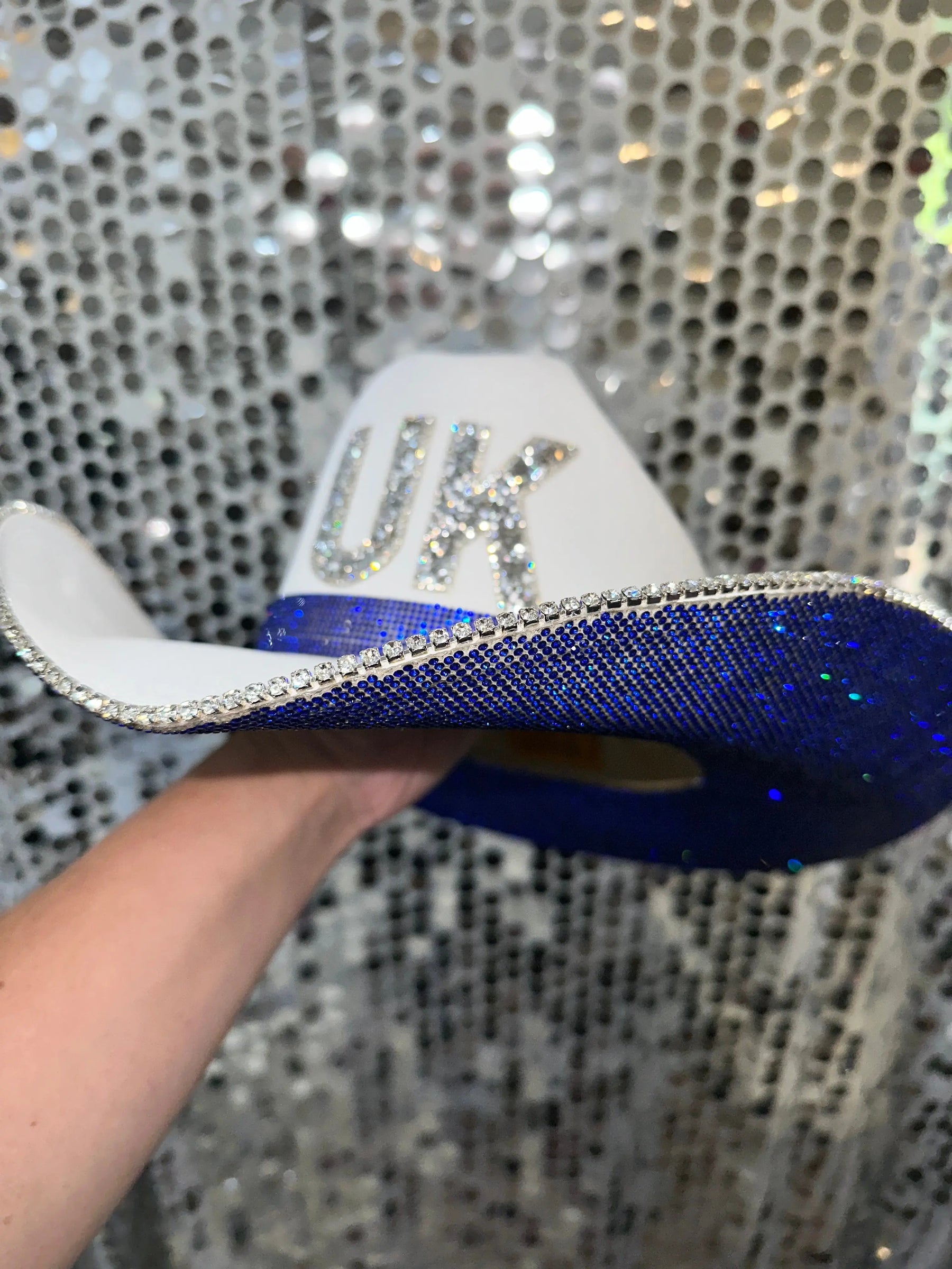 White University of Kentucky hat with blue and crystal rhinestones