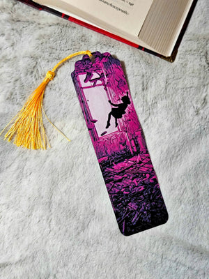 Bookmark featuring a silhouette falling through a shattered window; portal to a ruined room, neon purple, 80s supernatural theme.