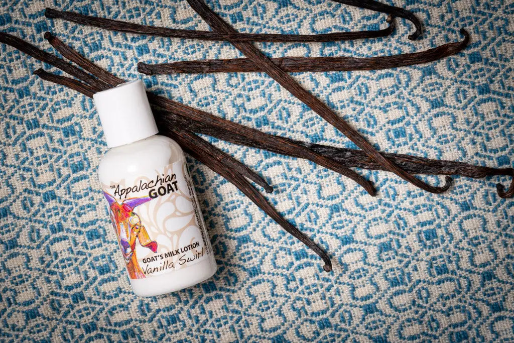 Bottle of Appalachian Goat vanilla swirl goat's milk lotion with vanilla beans