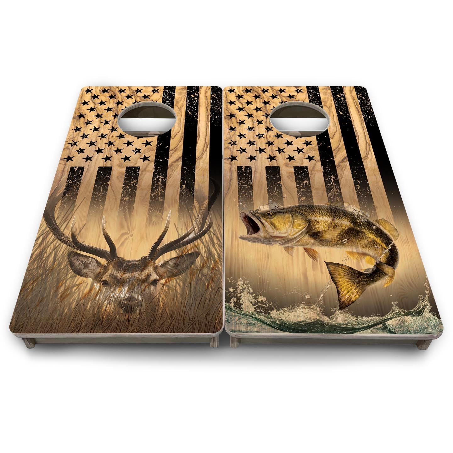 Light Wood Deer & Fish Flag - Mini or Vacation Size Cornhole Boards Cornhole Solutions