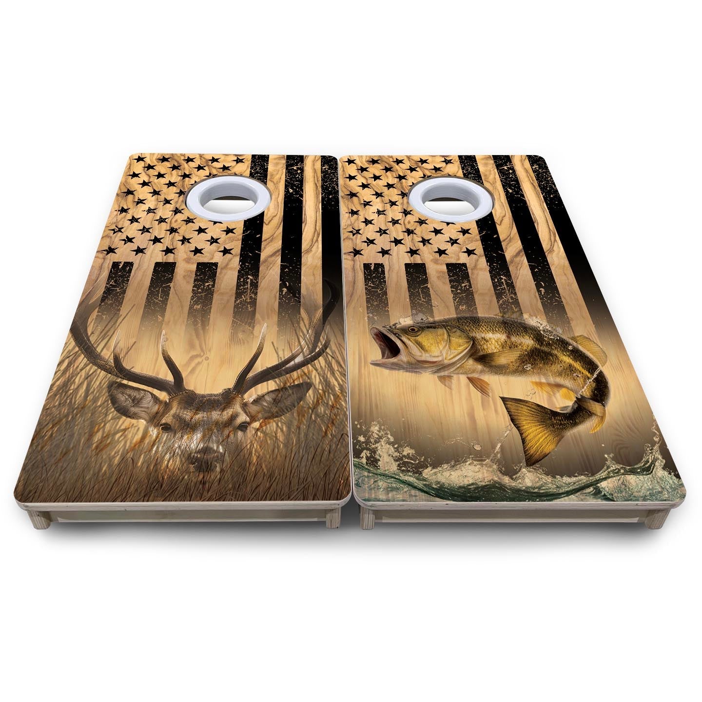Light Wood Deer & Fish Flag - Mini or Vacation Size Cornhole Boards Cornhole Solutions