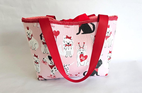 Valentine Dog Print Tote Bag – Handmade Pink Puppy Shoulder Bag, Cute Dog Lover Gift, Red Strap Everyday Carryall Maypop House Designs