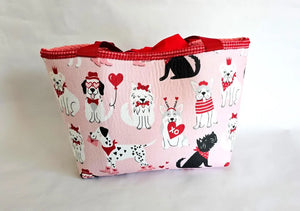 Valentine Dog Print Tote Bag – Handmade Pink Puppy Shoulder Bag, Cute Dog Lover Gift, Red Strap Everyday Carryall Maypop House Designs