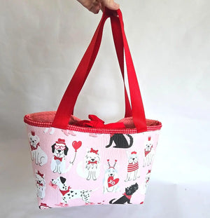 Valentine Dog Print Tote Bag – Handmade Pink Puppy Shoulder Bag, Cute Dog Lover Gift, Red Strap Everyday Carryall Maypop House Designs