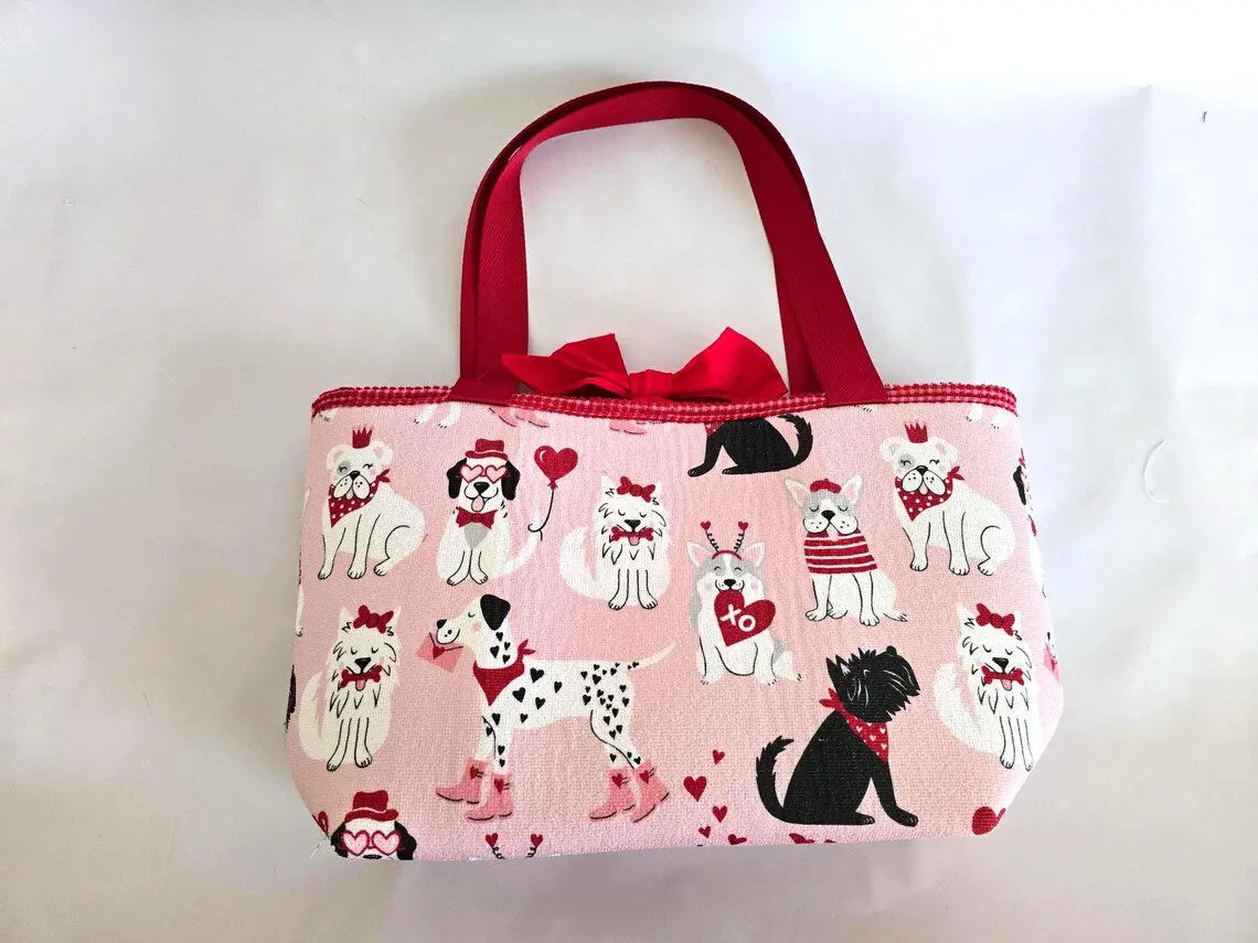 Valentine Dog Print Tote Bag – Handmade Pink Puppy Shoulder Bag, Cute Dog Lover Gift, Red Strap Everyday Carryall Maypop House Designs