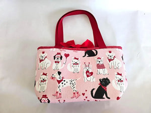 Valentine Dog Print Tote Bag – Handmade Pink Puppy Shoulder Bag, Cute Dog Lover Gift, Red Strap Everyday Carryall Maypop House Designs
