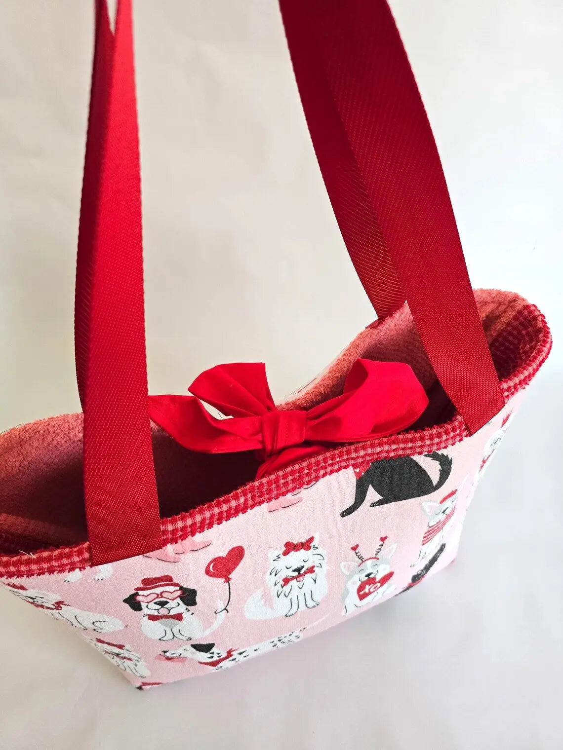 Valentine Dog Print Tote Bag – Handmade Pink Puppy Shoulder Bag, Cute Dog Lover Gift, Red Strap Everyday Carryall Maypop House Designs