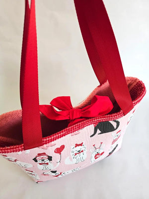 Valentine Dog Print Tote Bag – Handmade Pink Puppy Shoulder Bag, Cute Dog Lover Gift, Red Strap Everyday Carryall Maypop House Designs
