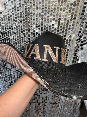 Black straw hat with VANDY rhinestone letters
