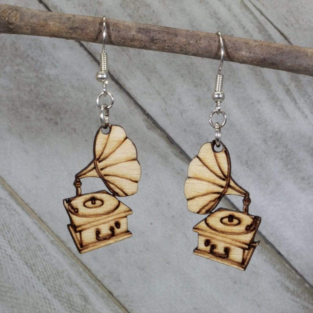 Victorian Gramophone Wooden Earrings | Vintage Music Jewelry