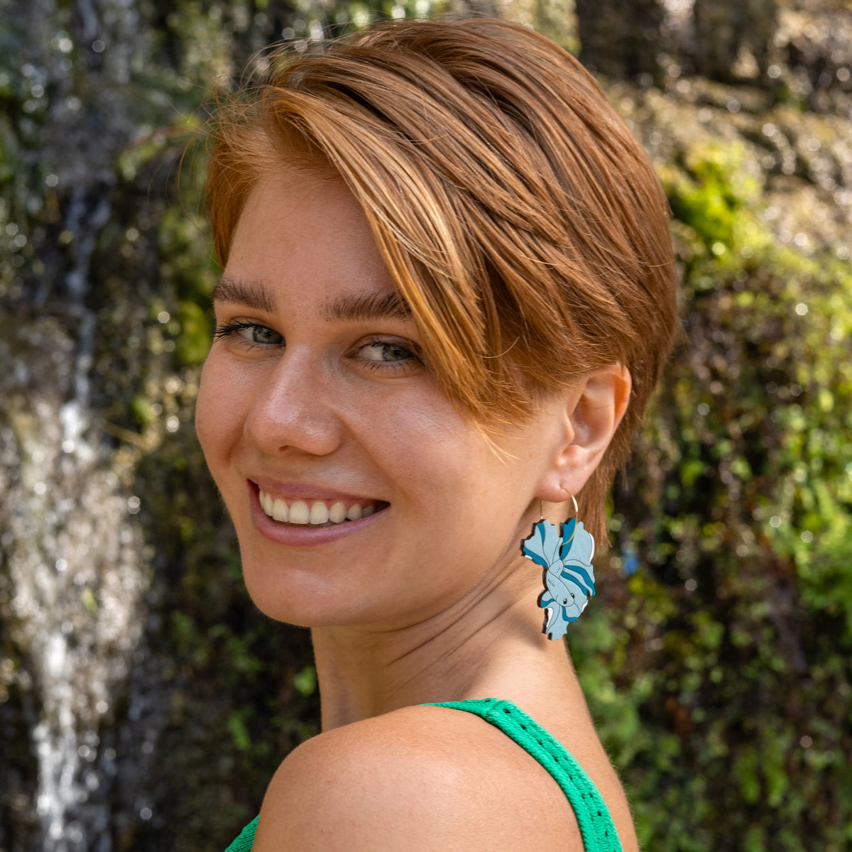 Additional view of Betta Fish Hoop Earrings, Blue hand painted on lightweight wood by LE CHIC MIAMI