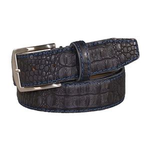 Close up of vintage gray mock croc leather belt texture and finish