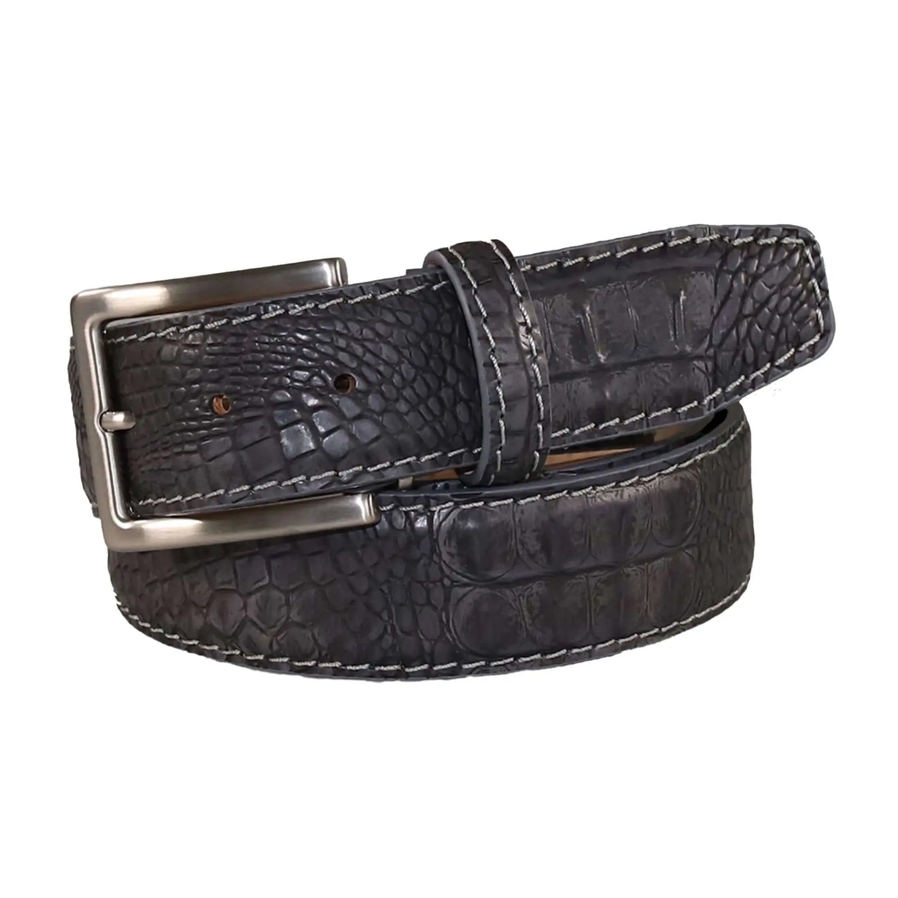 Vintage gray mock croc belt showing handmade leather craftsmanship
