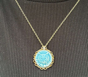 Vintage Blue Cat Necklace - Handmade Cottagecore Jewelry by Mushroom Lady Co. - Shop Now!
