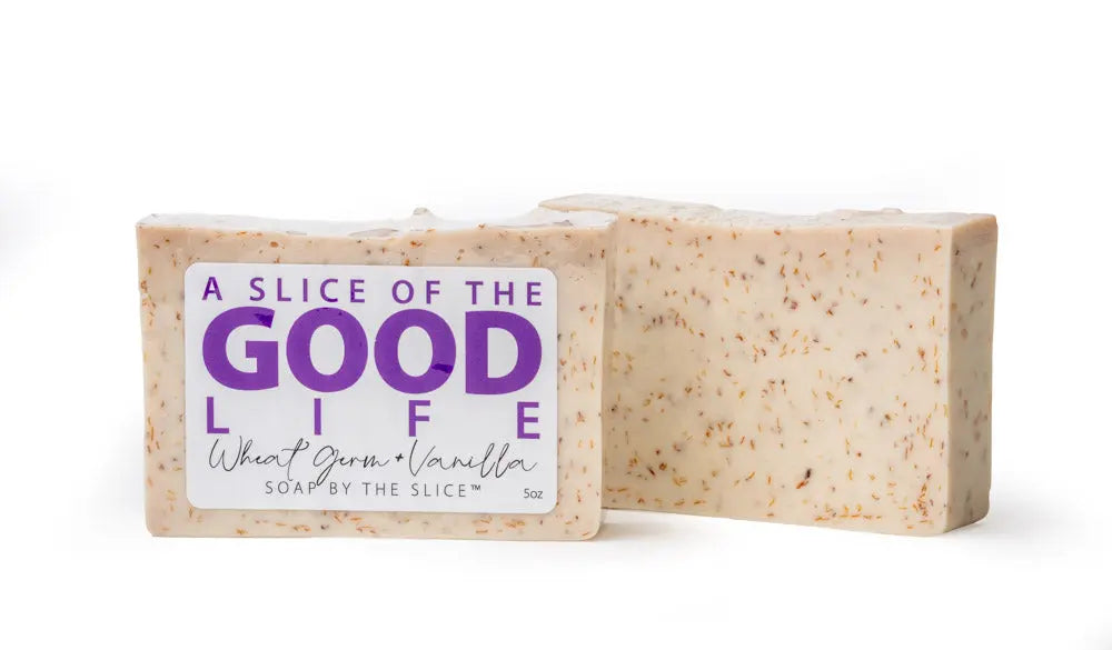 Wheat germ and vanilla bar soap labeled "A Slice of the Good Life".