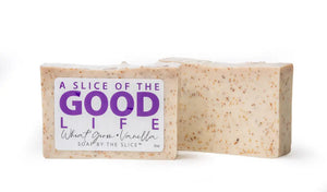 Wheat germ and vanilla bar soap labeled "A Slice of the Good Life".