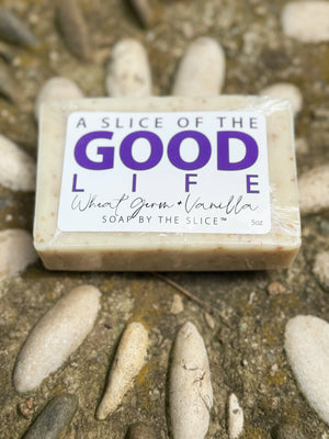 Wheat germ and vanilla scented soap bar with 'A Slice of the Good Life' label.