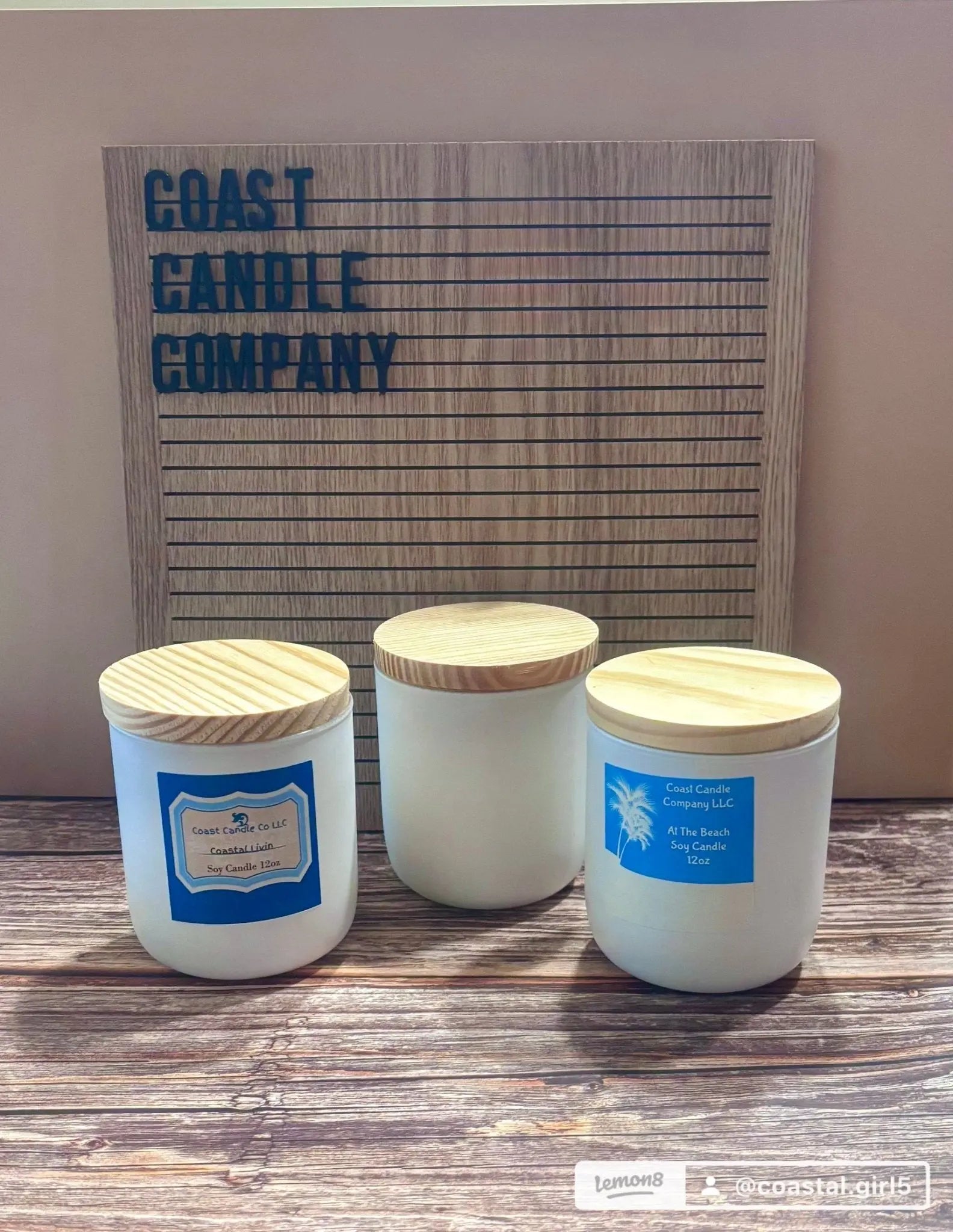 Coast Candle Company white jar soy candles: Coastal Livin', At The Beach. Handmade, 12oz.