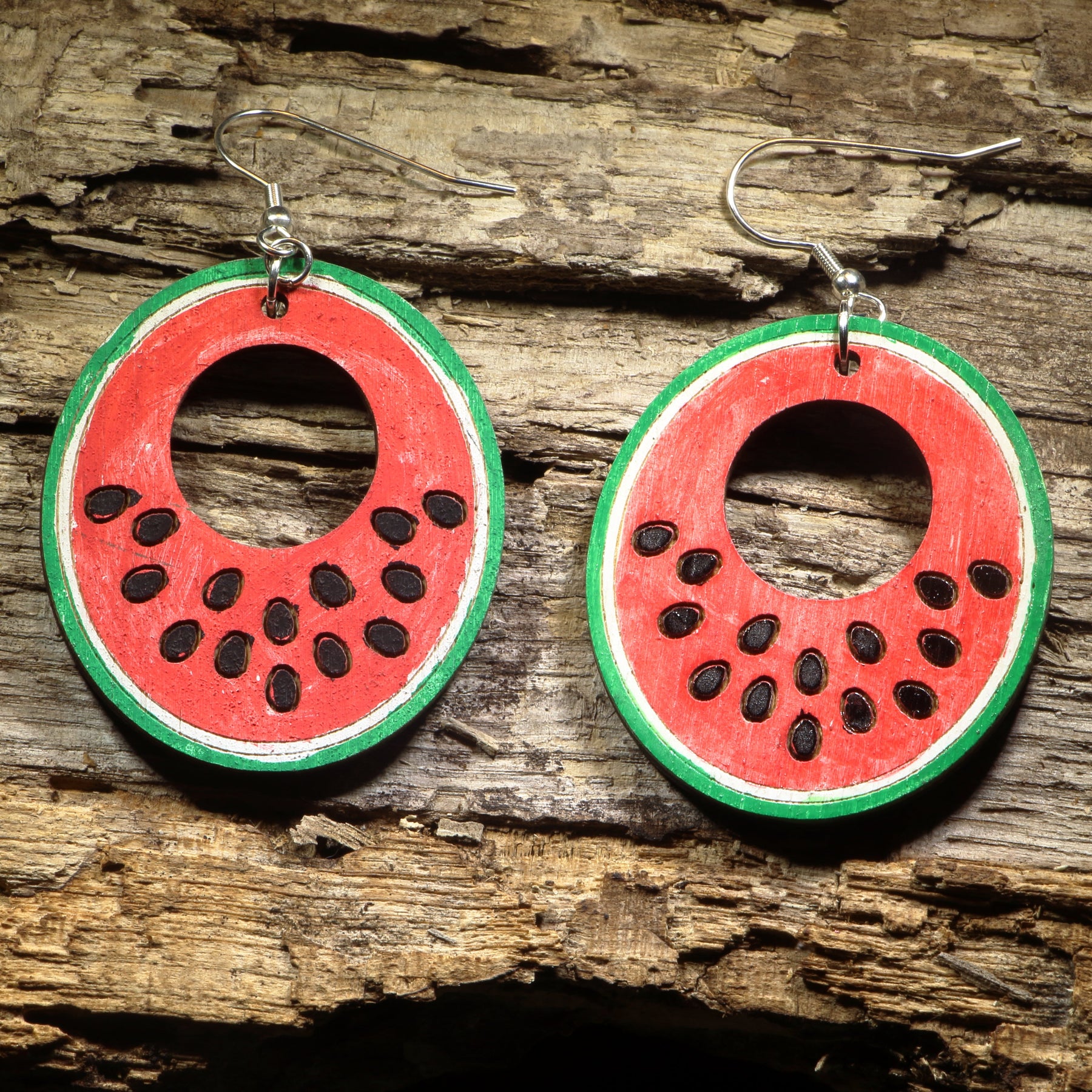 Watermelon Slice Hoop Wooden Dangle Earrings | Summer Fruit Jewelry
