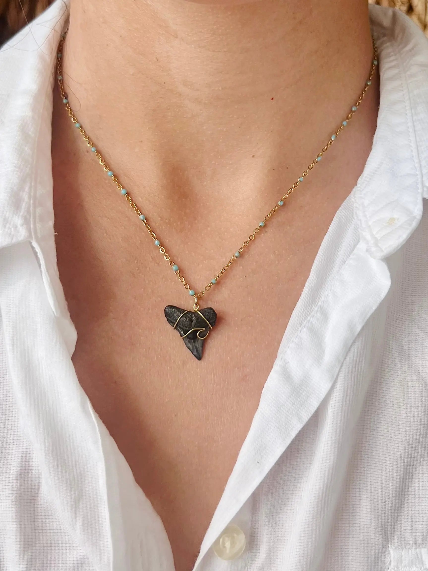 Wave Shark Tooth Necklace - Blue HALT