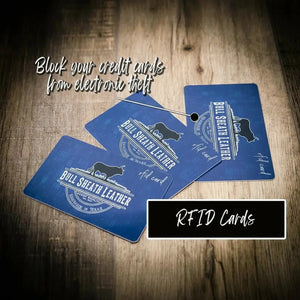 Blue RFID blocking cards from Bull Sheath Leather, designed to block electronic theft.