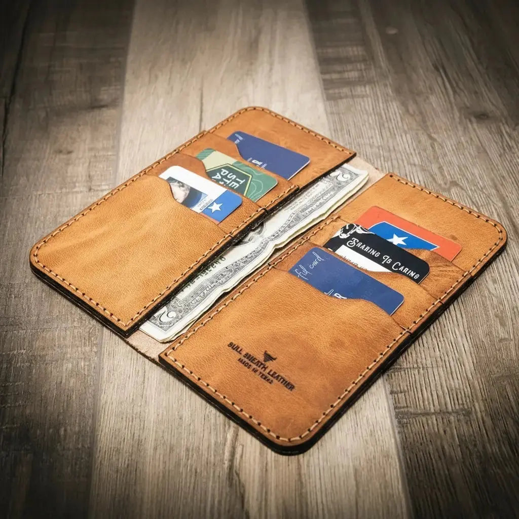 Brown leather long wallet with multiple card slots holding credit cards and cash.