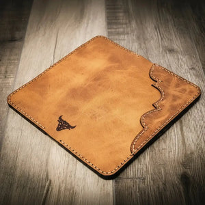 Western long wallet with bull emblem, made of brown full-grain leather.