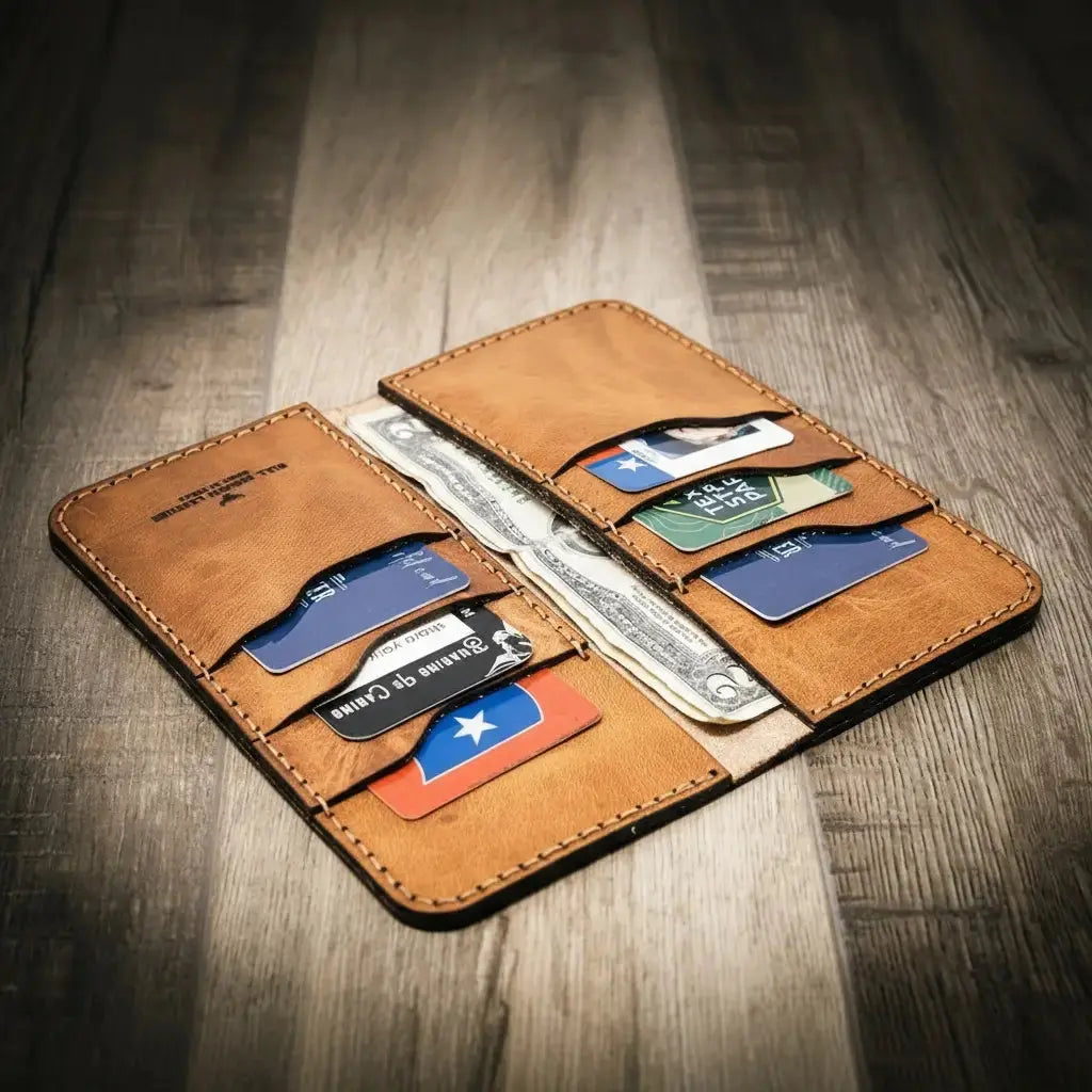 Brown leather bifold wallet holding credit cards and US dollar bills.