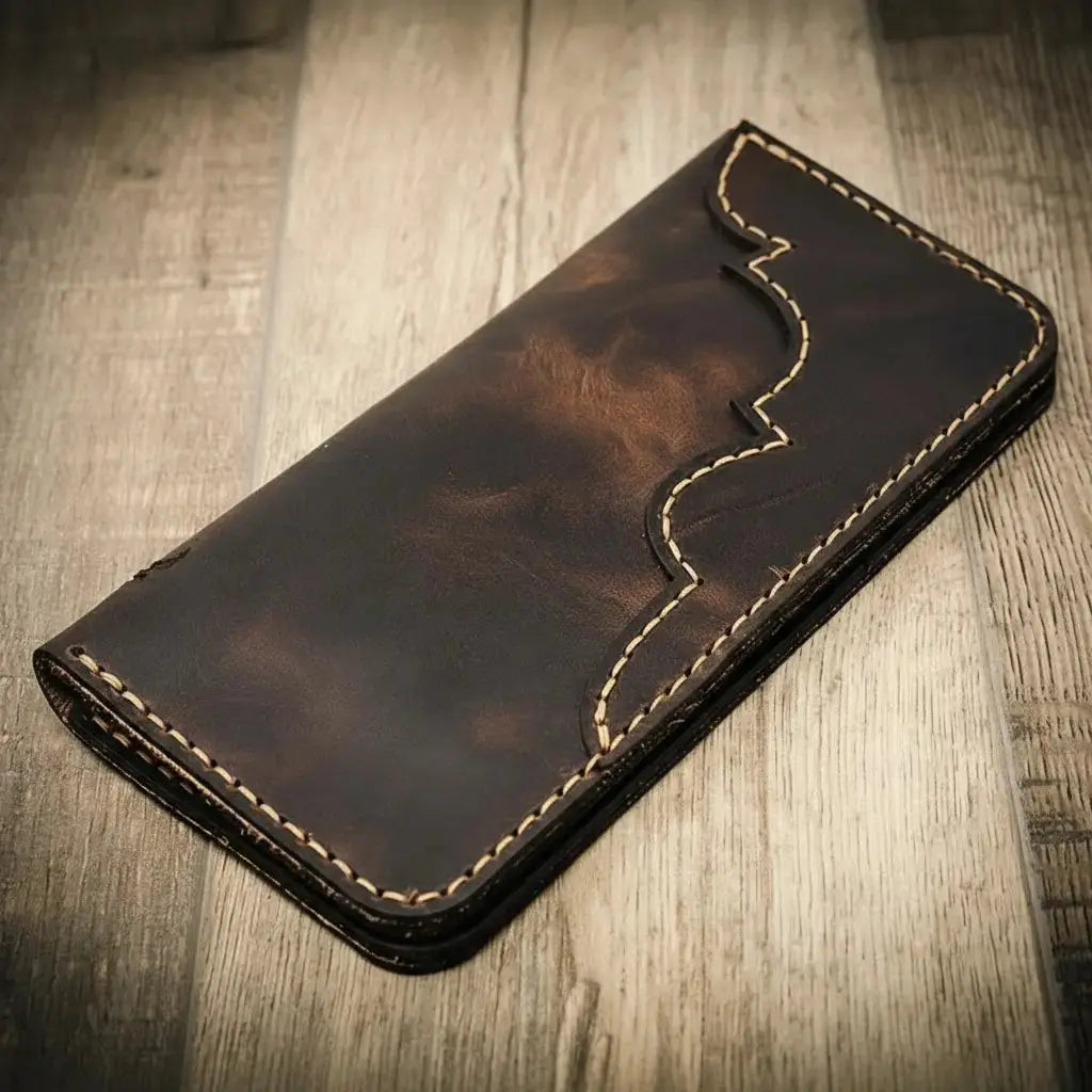 Black leather Western long bifold wallet with decorative stitching