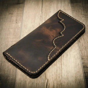 Black leather Western long bifold wallet with decorative stitching