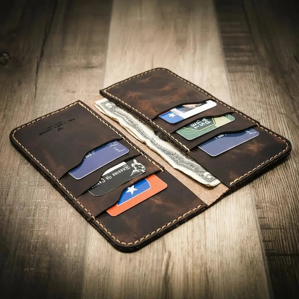 Brown leather western long bifold wallet with card slots and money.