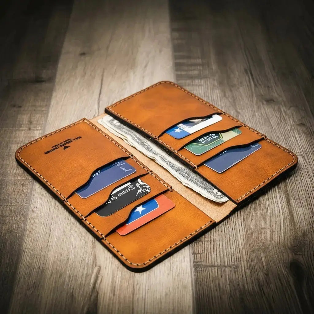 Brown leather long wallet with multiple card slots and cash