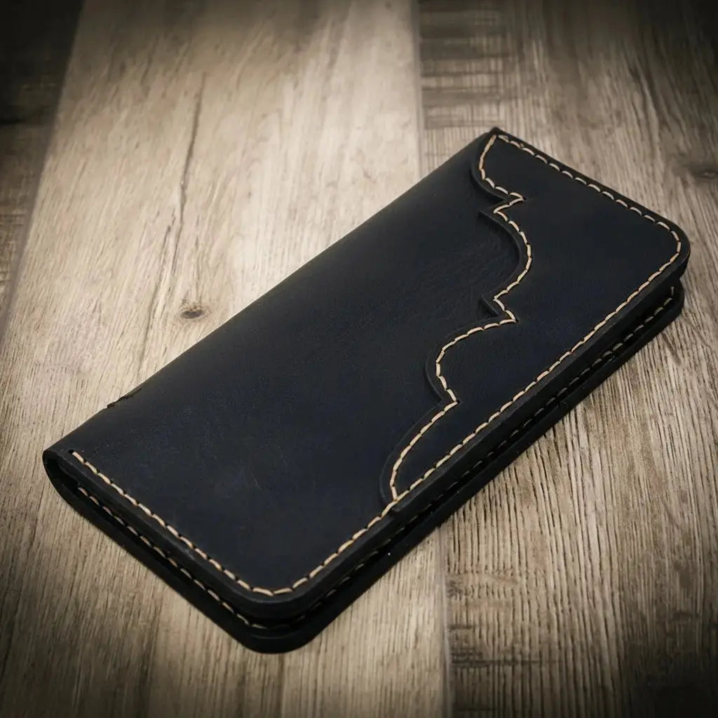 Western Long Wallet with dark blue full grain leather and stitched trim.
